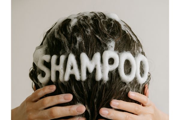 泡でSHAMPOOの文字を書いている様子