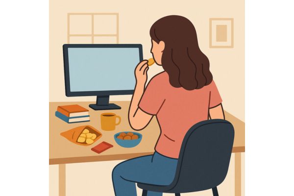在宅勤務(リモートワーク)でのついついお菓子を食べてしまうイラスト